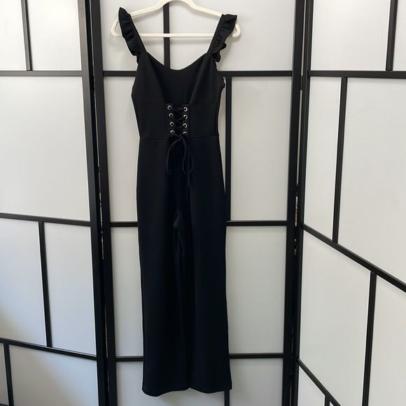 Almost Famous Pants - [M] Almost Famous Black Corset Tie-Front Wide Leg Romper with Ruffle Straps